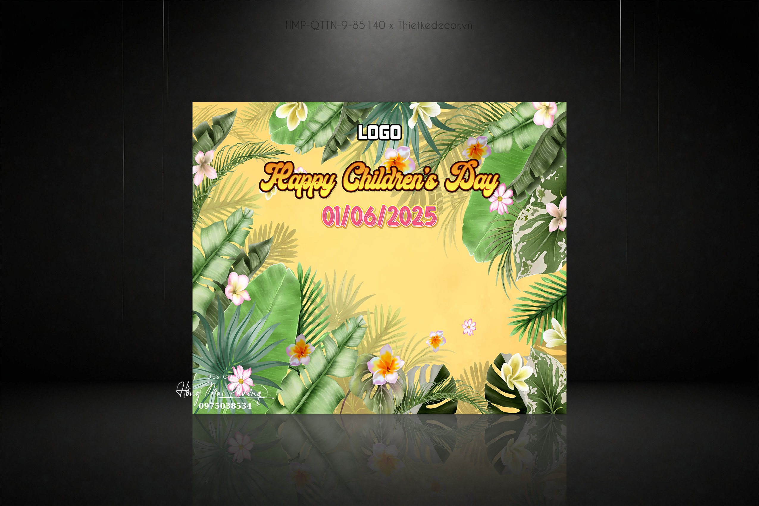 Backdrop quốc tế thiếu nhi tone vàng chủ đề tropical